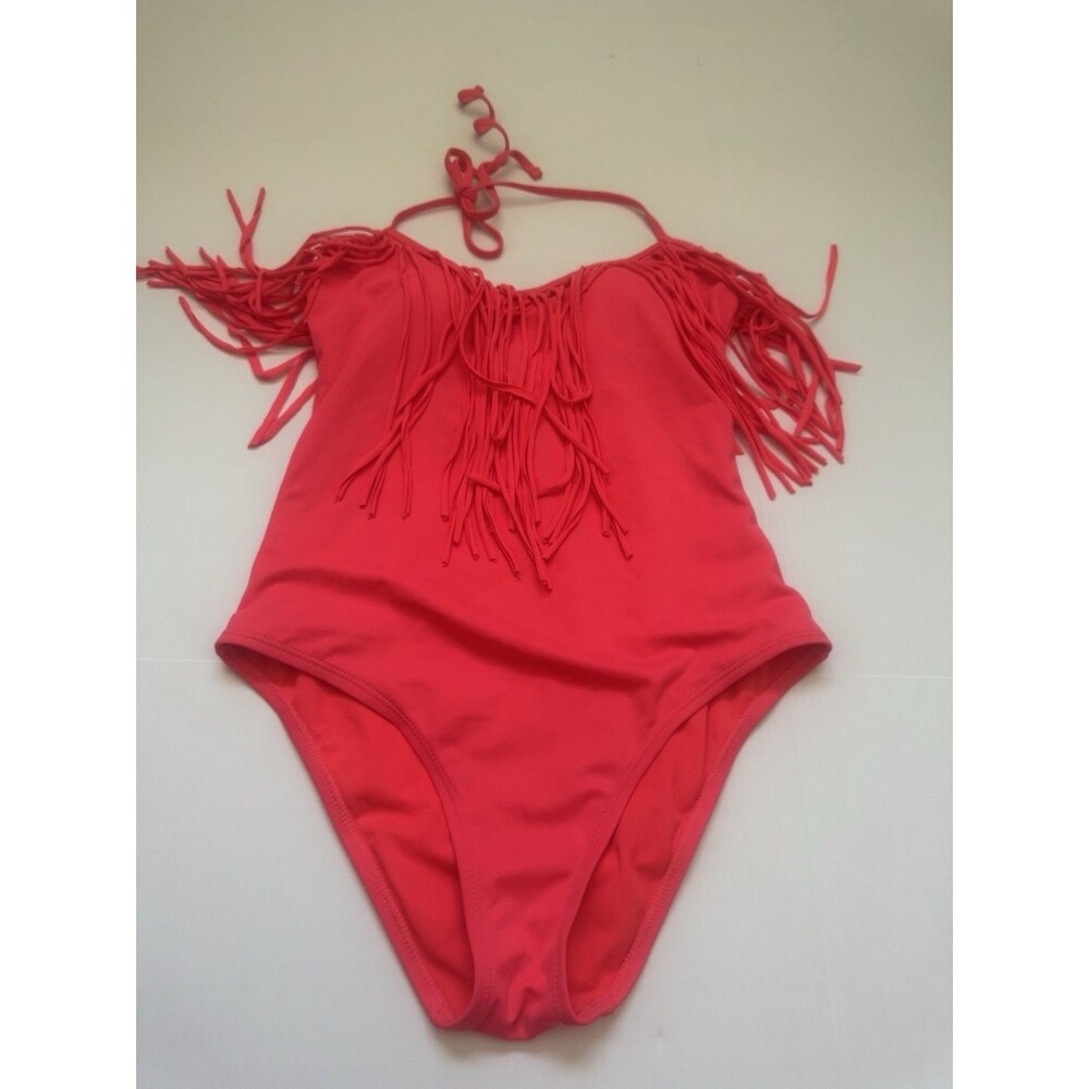 La Hearts Girls One Piece Swimsuit Size S Neon Pink Fringe Halter Swimwear